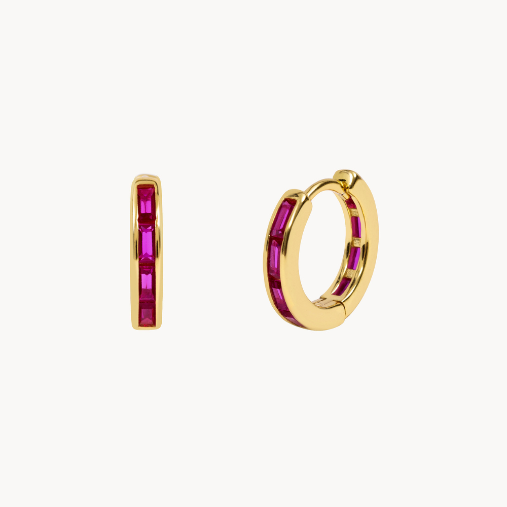 Women’s Hoop Earrings with Baguette-Shaped Stone Details and Slim Design
