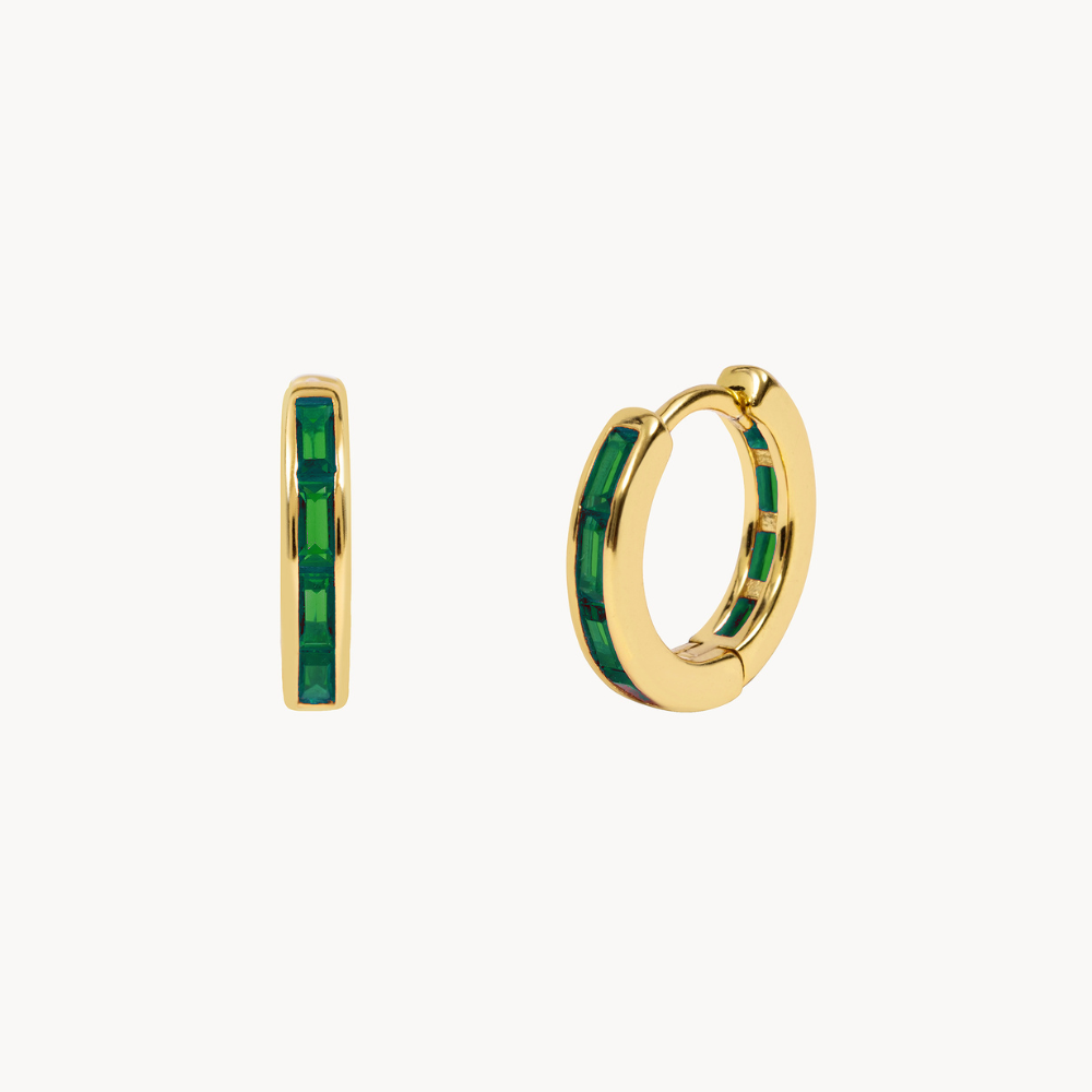 Women’s Hoop Earrings with Baguette-Shaped Stone Details and Slim Design