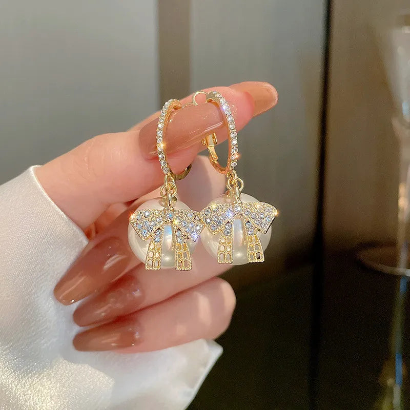 Women's Earrings Featuring a Christmas Ball Design, Bow and Gemstone Accents