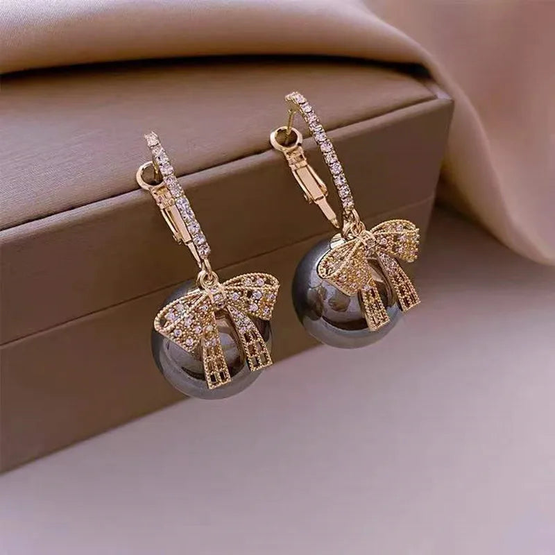 Women's Earrings Featuring a Christmas Ball Design, Bow and Gemstone Accents