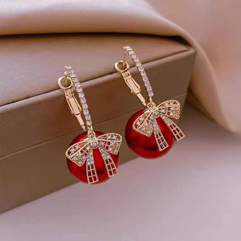 Women's Earrings Featuring a Christmas Ball Design, Bow and Gemstone Accents