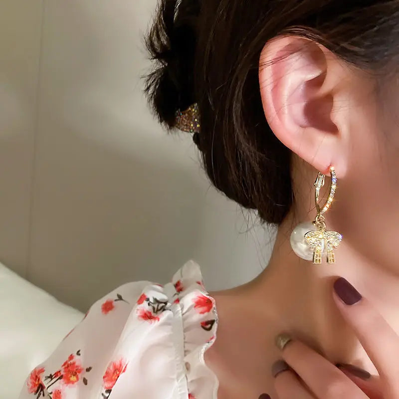 Women's Earrings Featuring a Christmas Ball Design, Bow and Gemstone Accents