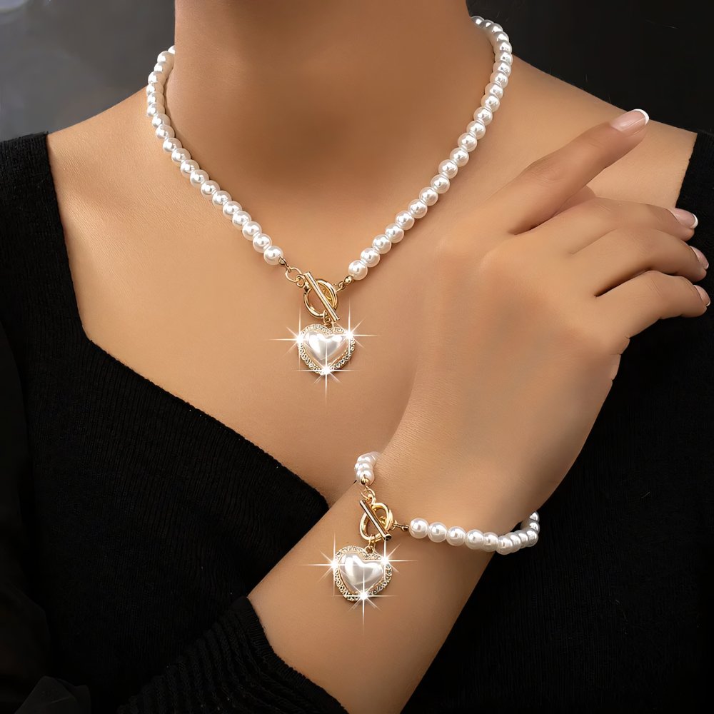 Lara – Necklace and Bracelet Set Heart Perlé