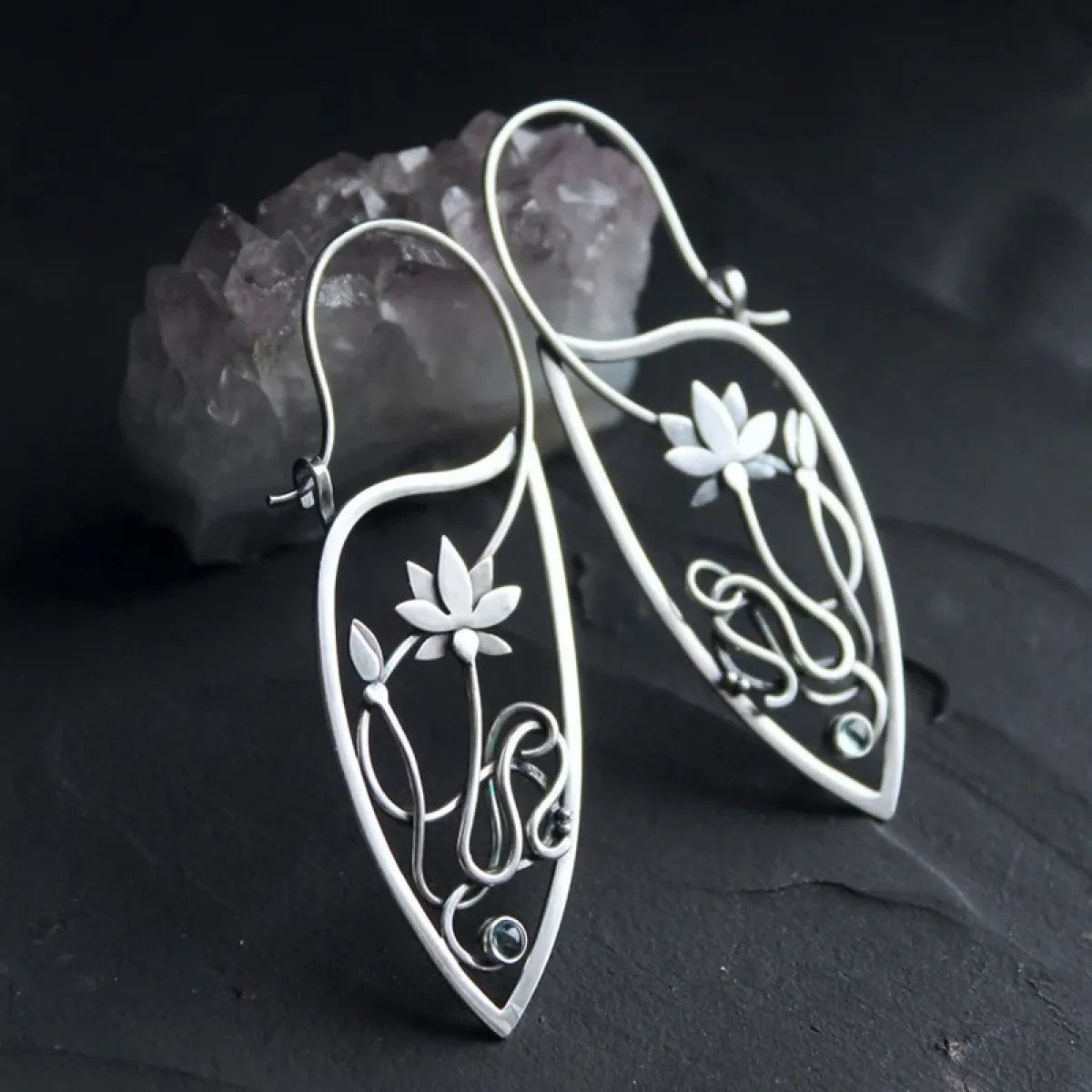 Women's Lotus Flower Drop Earrings Featuring Leaf-Inspired Frame and Elegant Line Design
