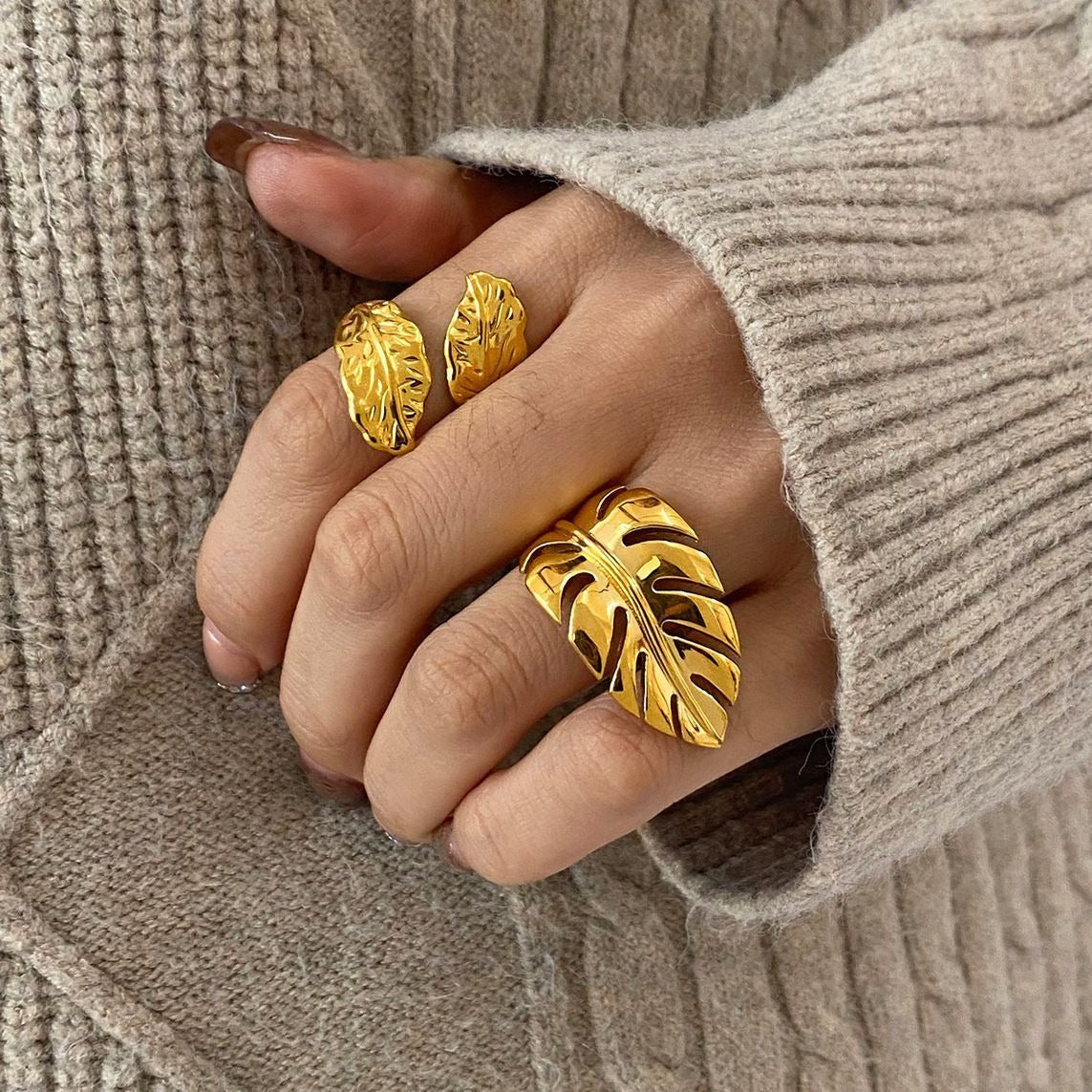 Women’s Open Leaf Ring with Natural Form and Textured Surface