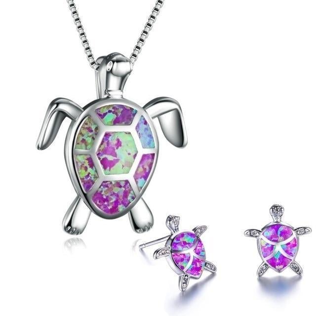 Kailea – Silver-tone turtle jewelry set featuring shimmering stone accents (necklace + earrings)